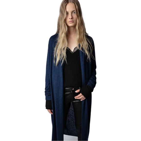 HP🎉 NWT ZADIG & VOLTAIRE Rona 100% Cashmere Long Cardigan Blue Belted Duster LG - Picture 2 of 14